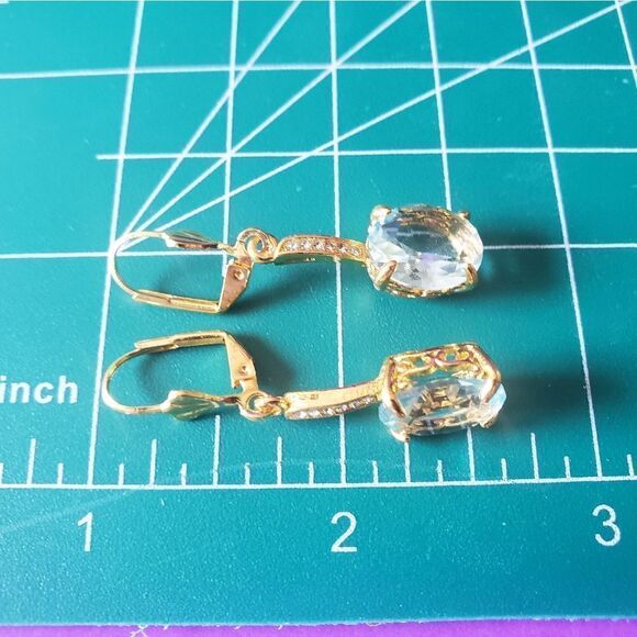 Aquamarine Gemstones 14K Yellow Gold On 925 Silver Leverback Earrings - Picture 6 of 6